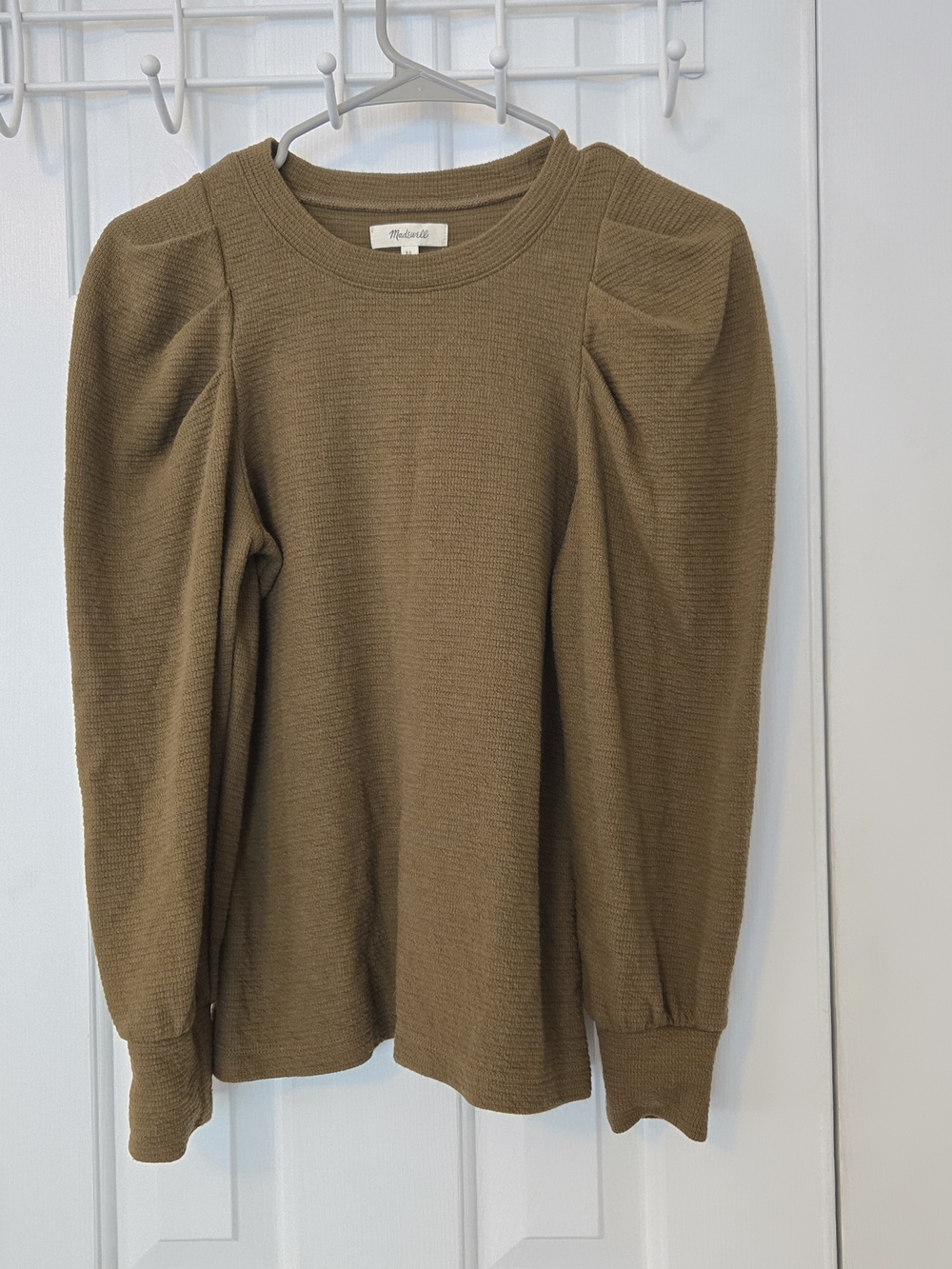 Madewell Waffle Knit Puff Long Sleeve Crewneck Top Olive Tan Size XS